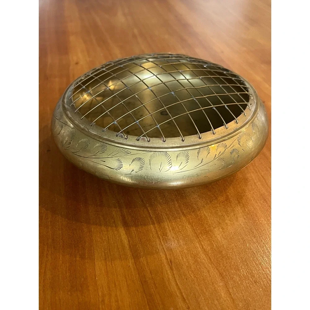 Vintage Etched Brass Flower Frog Bowl India Floral Engraved Gold Round Vase